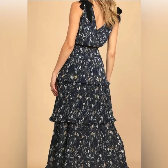 Lulu's Navy Floral Tiered Maxi Dress with Black Shoulder Ties - Picture 8 of 15
